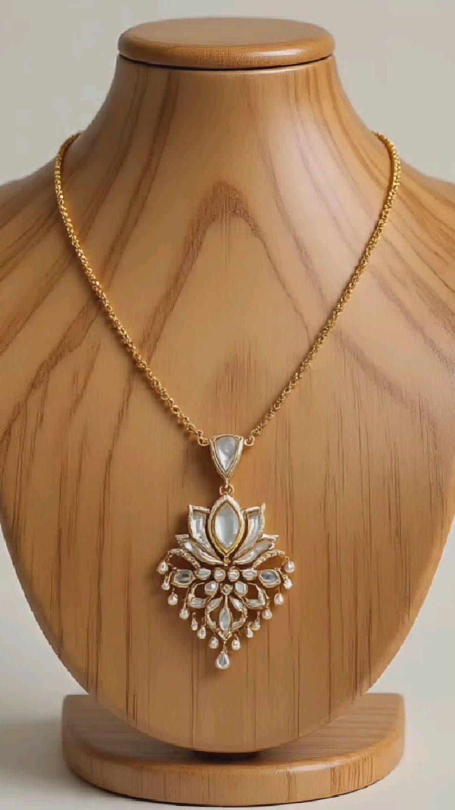 Kundan Lotus — A lotus opening over a pearl fringe, held on a plain gold-finish chain.