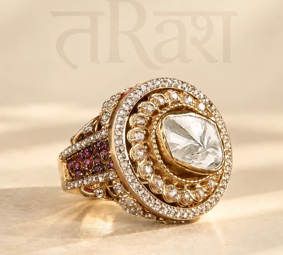 Surya — A single uncut stone at the centre of a scalloped halo, ringed again in white, with red stones banked down the shank.